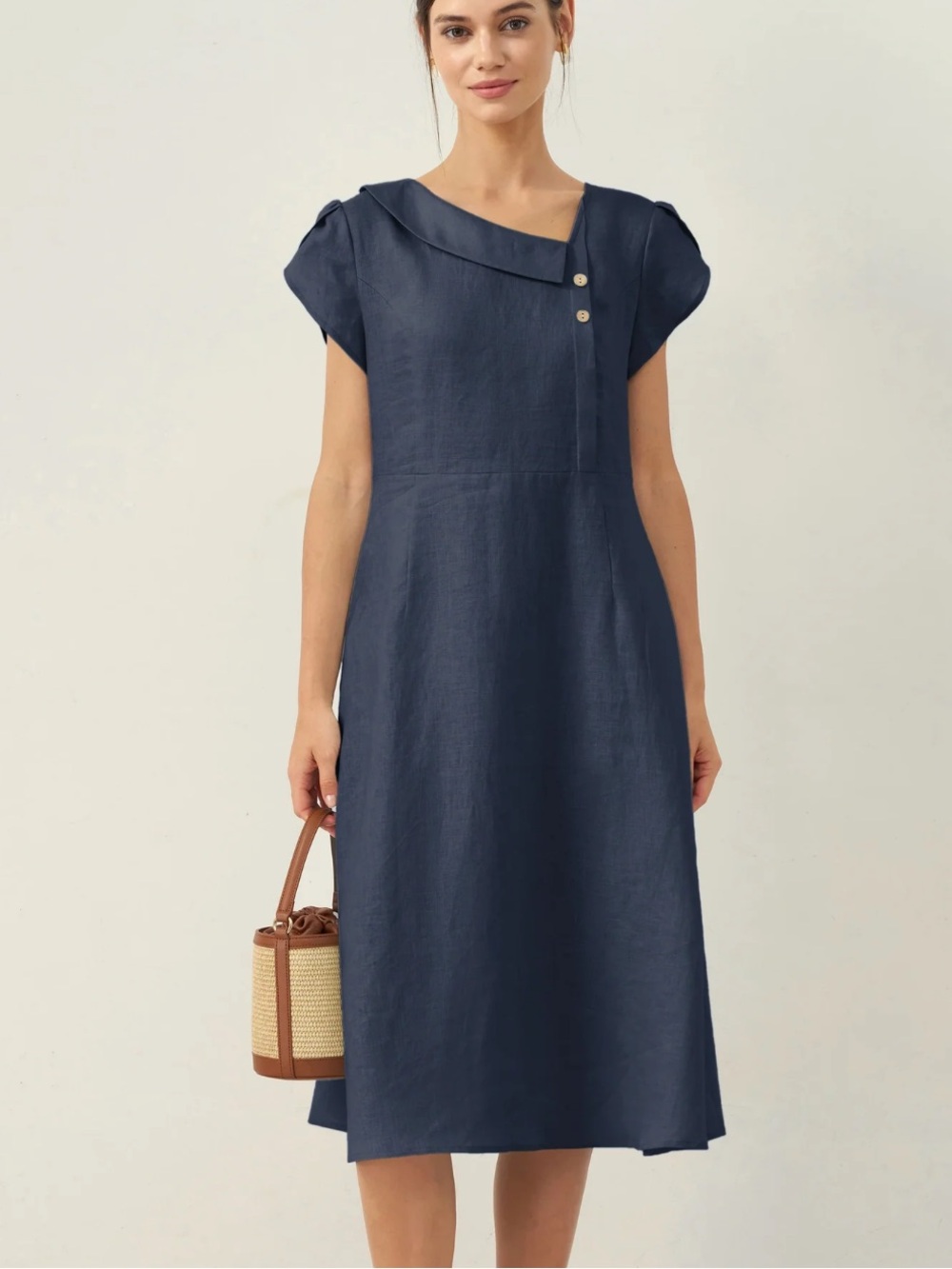 Lintico 100% Linen Crescent Collar Flutter Sleeve Midi Dress FIONA